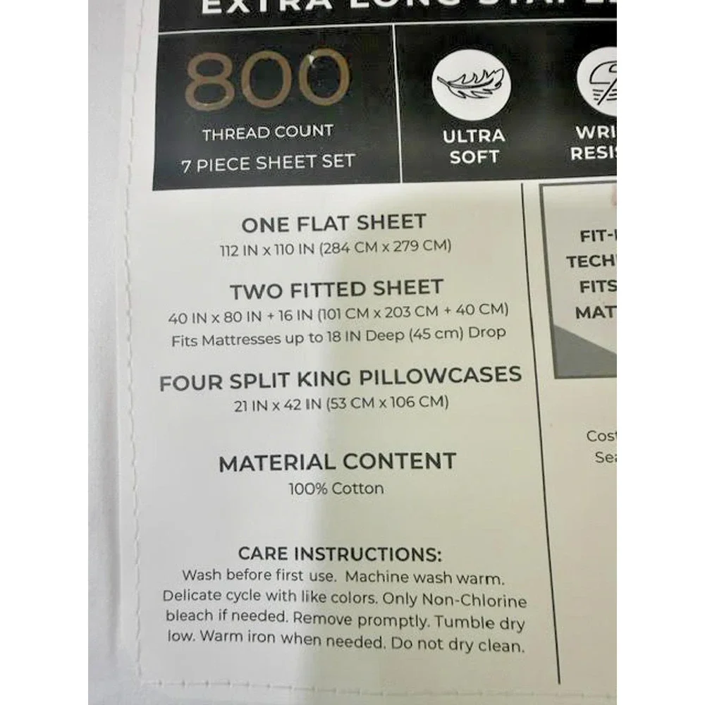 Hotel Signature Sateen 800TC 100% Cotton 7pc Sheet Set SPLIT KING White New